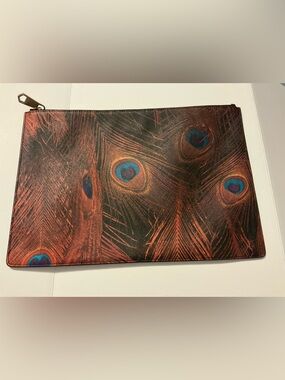 Givenchy large zipper peacock feather clutch with top zipper.